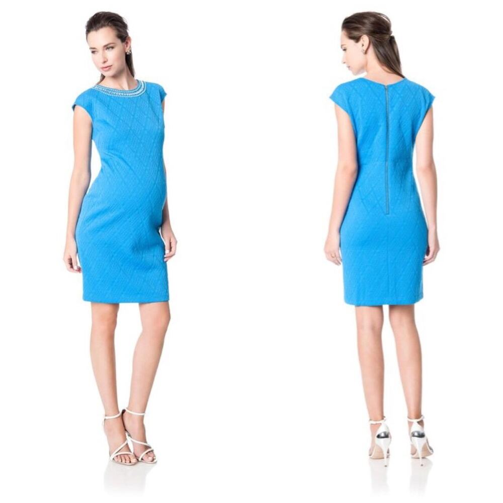 🆕 Donna Morgan Blue Embellished Maternity Crew Neck Dress Size Small